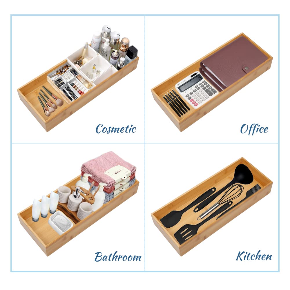 PRATIQUE Bamboo Drawer Organizer - Kitchen Utensil Organizer Silverware Tray Cutlery Holder，Office Desk Supplies and Accessories (15X5.9X2.6 inch)