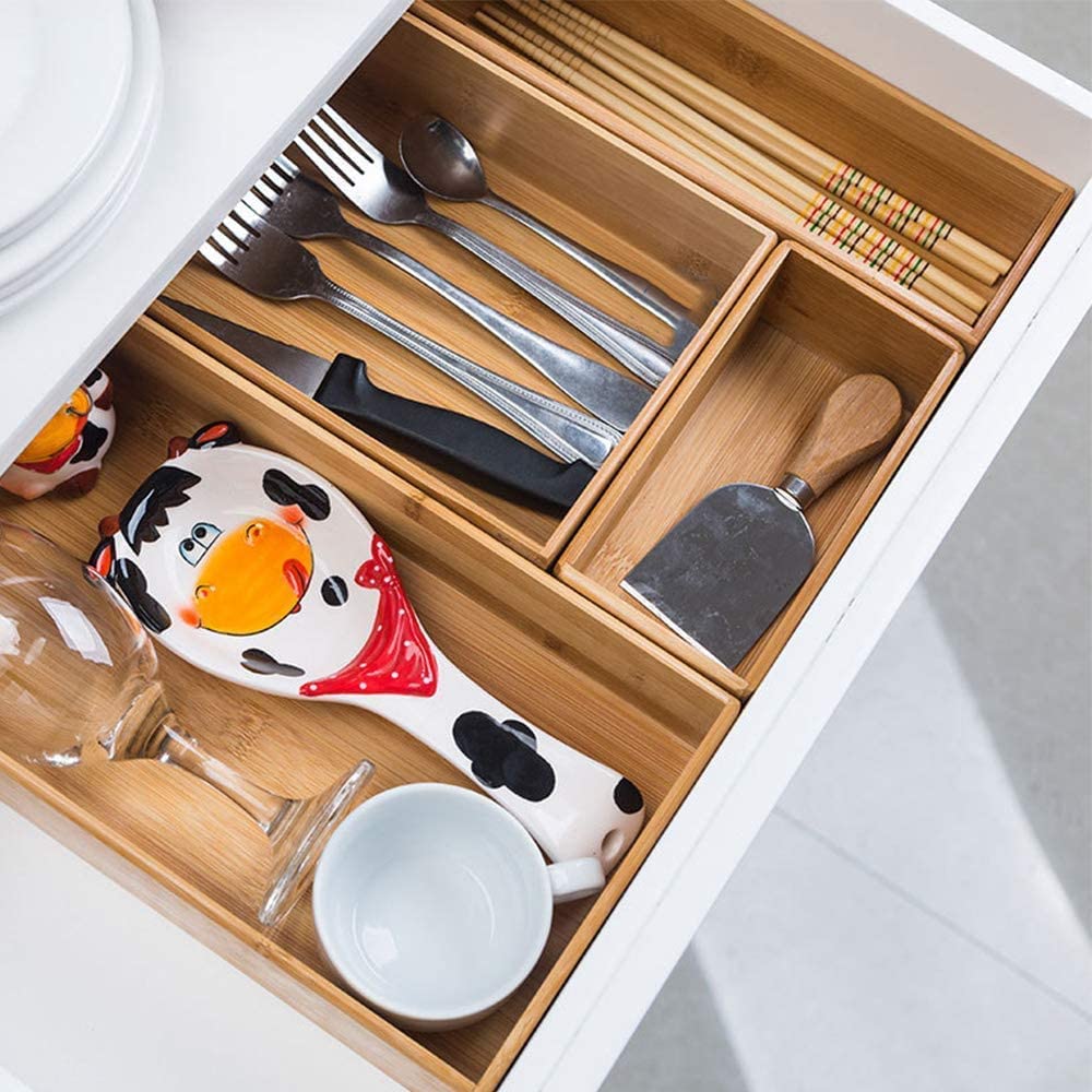 PRATIQUE Bamboo Drawer Organizer - Kitchen Utensil Organizer Silverware Tray Cutlery Holder，Office Desk Supplies and Accessories (15X5.9X2.6 inch)