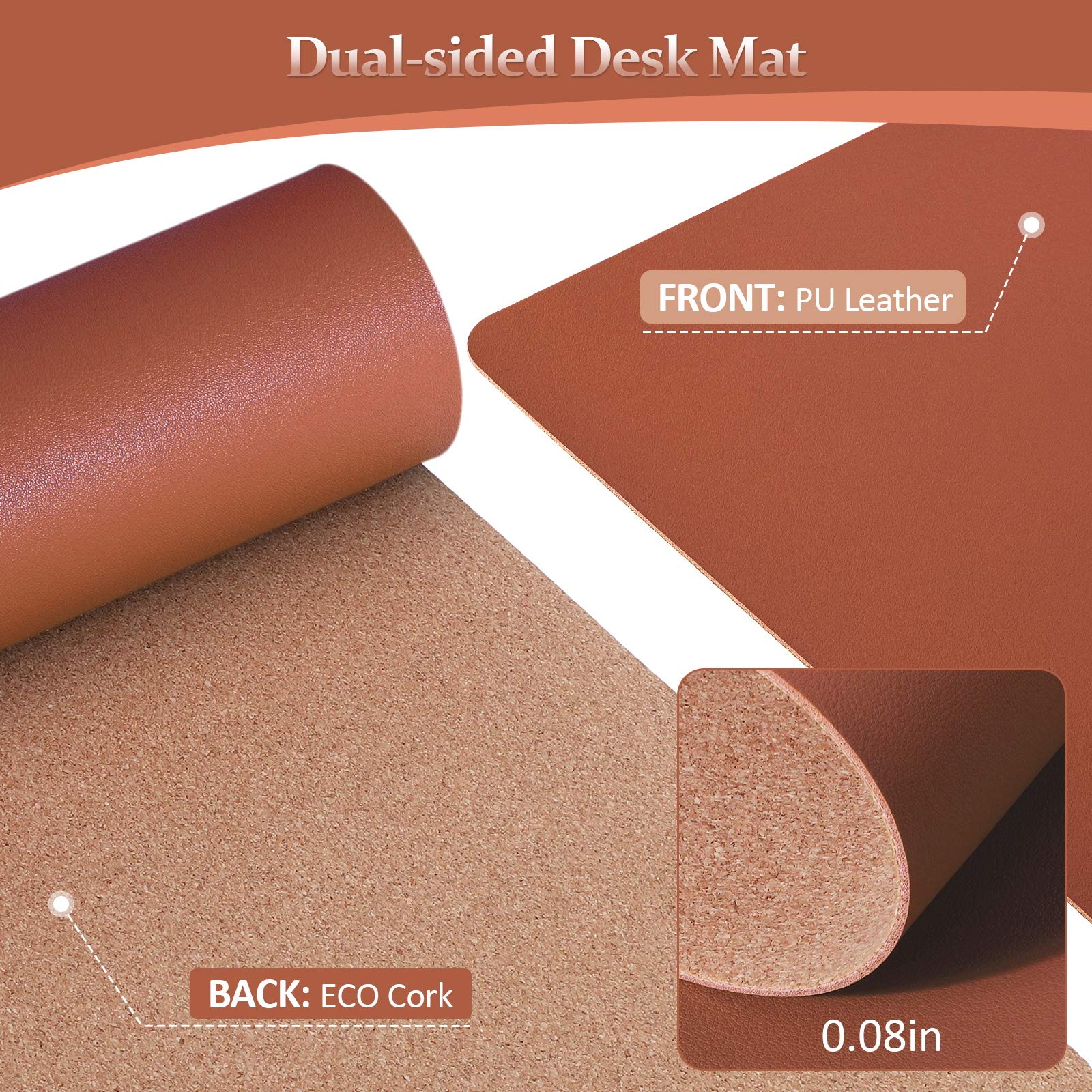 LOLLIDO Natural Cork & Leather Dual Sided Desk Pad, 36" x 17" Waterproof PU Leather Desk Writing Mat, Large Mouse Pad Desk Protector(Cork+Brown)