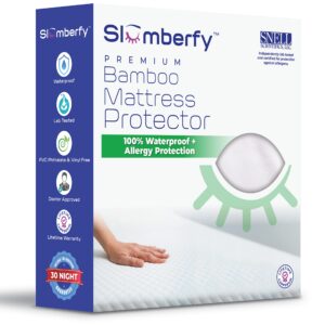 waterproof mattress protector by slumberfy | hypoallergenic bamboo mattress protector | natural + breathable jacquard fabric | king mattress cover – 76x80”