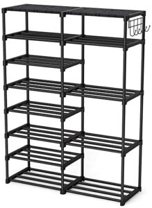 tribesigns 8 tiers shoe rack shoe shelf shoe storage organizer with side hooks for entryway, 24-30 pairs metal shoe rack taller shoes boots organizer