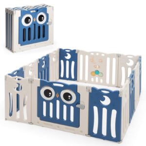 costzon foldable baby playpen, 14-panel baby fence with lock door, rubber pads & anti-slip rubber bases, indoor outdoor safety baby fence with adjustable shape for toddlers (14-panel, blue)