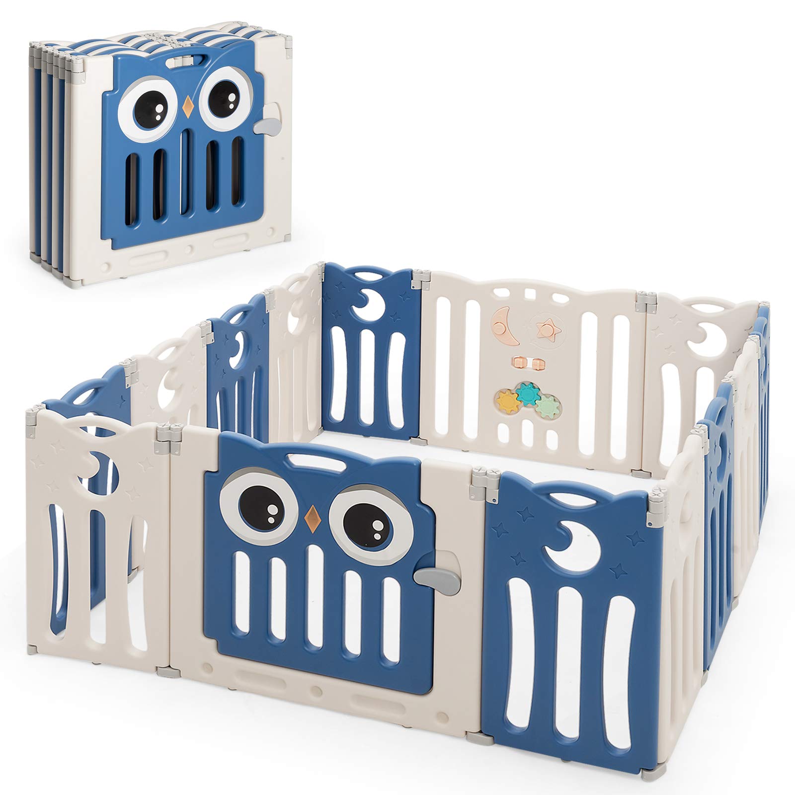 Costzon Foldable Baby Playpen, 14-Panel Baby Fence with Lock Door, Rubber Pads & Anti-Slip Rubber Bases, Indoor Outdoor Safety Baby Fence with Adjustable Shape for Toddlers (14-Panel, Blue)