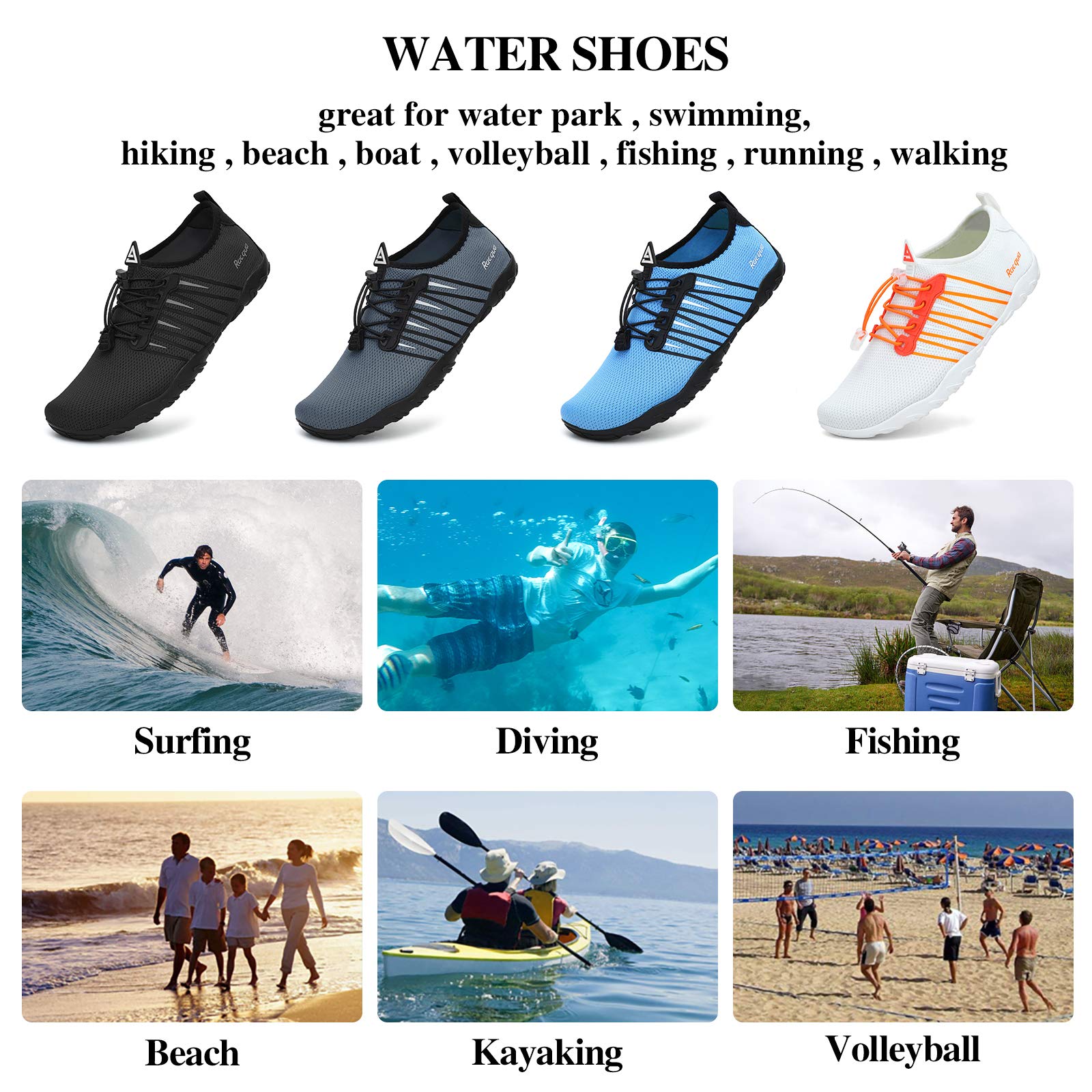 Racqua Pool Shoes Quick Dry Barefoot Water Aqua Sport Beach Swim Surf Diving for Men Women Black 10 Women/9 Men