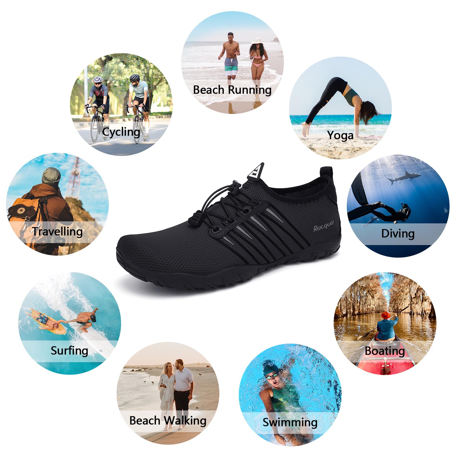 Racqua Pool Shoes Quick Dry Barefoot Water Aqua Sport Beach Swim Surf Diving for Men Women Black 10 Women/9 Men