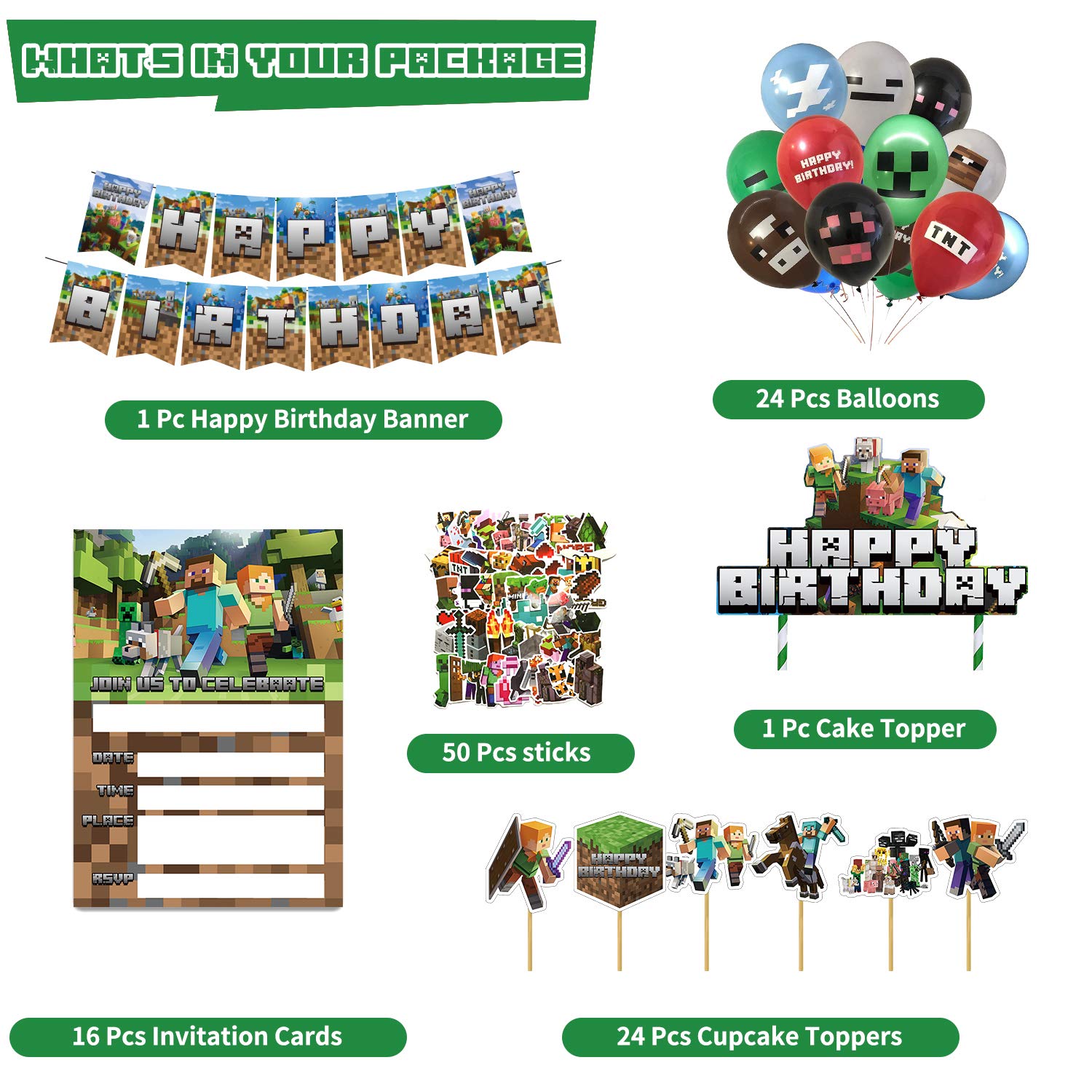 Pixel Style Gamer Birthday Party Supplies for Game Fans, 125 Pcs Birthday Party Decorations for Kids - Banner, Cake and Cupcake Toppers, Balloons, Bracelets, Invitation Cards, Gamer Sticker