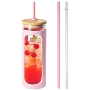 kodrine 24 oz glass water bottle with bamboo straw and lid, wide mouth water tumbler,straw silicone protective sleeve bpa free-pink