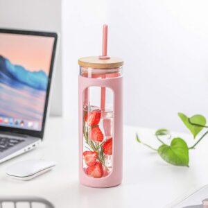 Kodrine 24 oz Glass Water Bottle with Bamboo Straw and Lid, Wide Mouth Water Tumbler,Straw Silicone Protective Sleeve BPA FREE-Pink