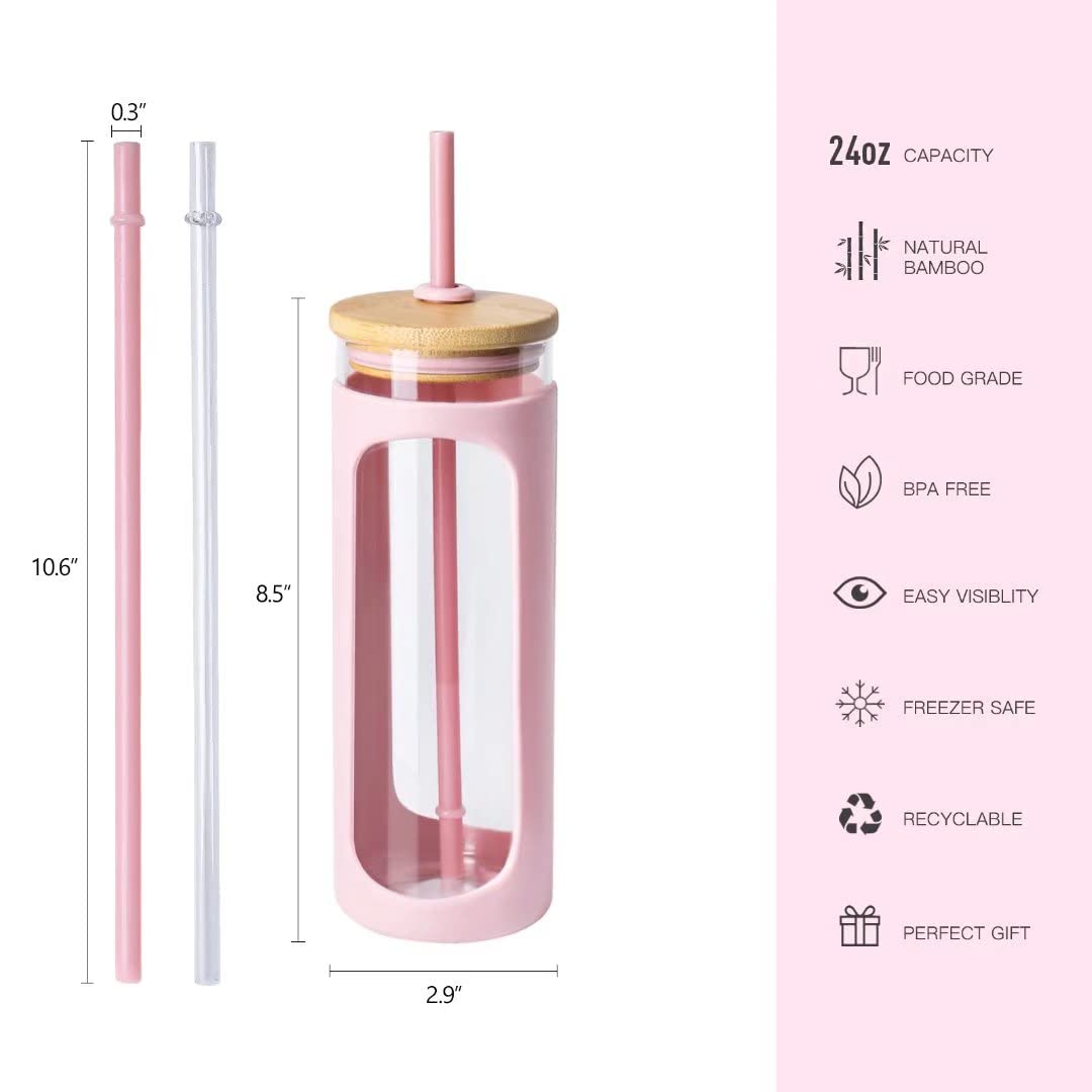 Kodrine 24 oz Glass Water Bottle with Bamboo Straw and Lid, Wide Mouth Water Tumbler,Straw Silicone Protective Sleeve BPA FREE-Pink