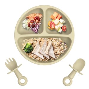 baby suction plate with self-feeding spoon fork - bpa free infant newborn utensil set for self-training, suction plates for babies toddlers, dishwasher microwave safe (gray)