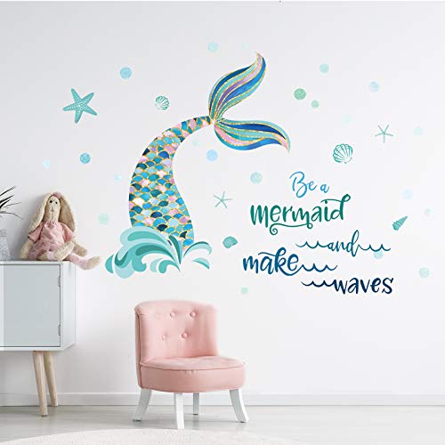 decalmile Mermaid Tail Wall Decals Quotes Be a Mermaid and Make Waves Wall Stickers Baby Nursery Girls Bedroom Bathroom Wall Decor