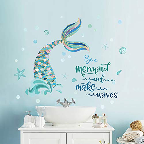 decalmile Mermaid Tail Wall Decals Quotes Be a Mermaid and Make Waves Wall Stickers Baby Nursery Girls Bedroom Bathroom Wall Decor