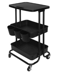 3 tier rolling cart table top, rolling metal organization cart with 3 cups & 3 hooks, multifunctional storage shelves with wheels for kitchen living room office,black