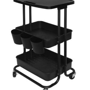 3 Tier Rolling Cart Table Top, Rolling Metal Organization Cart with 3 Cups & 3 Hooks, Multifunctional Storage Shelves with Wheels for Kitchen Living Room Office,Black