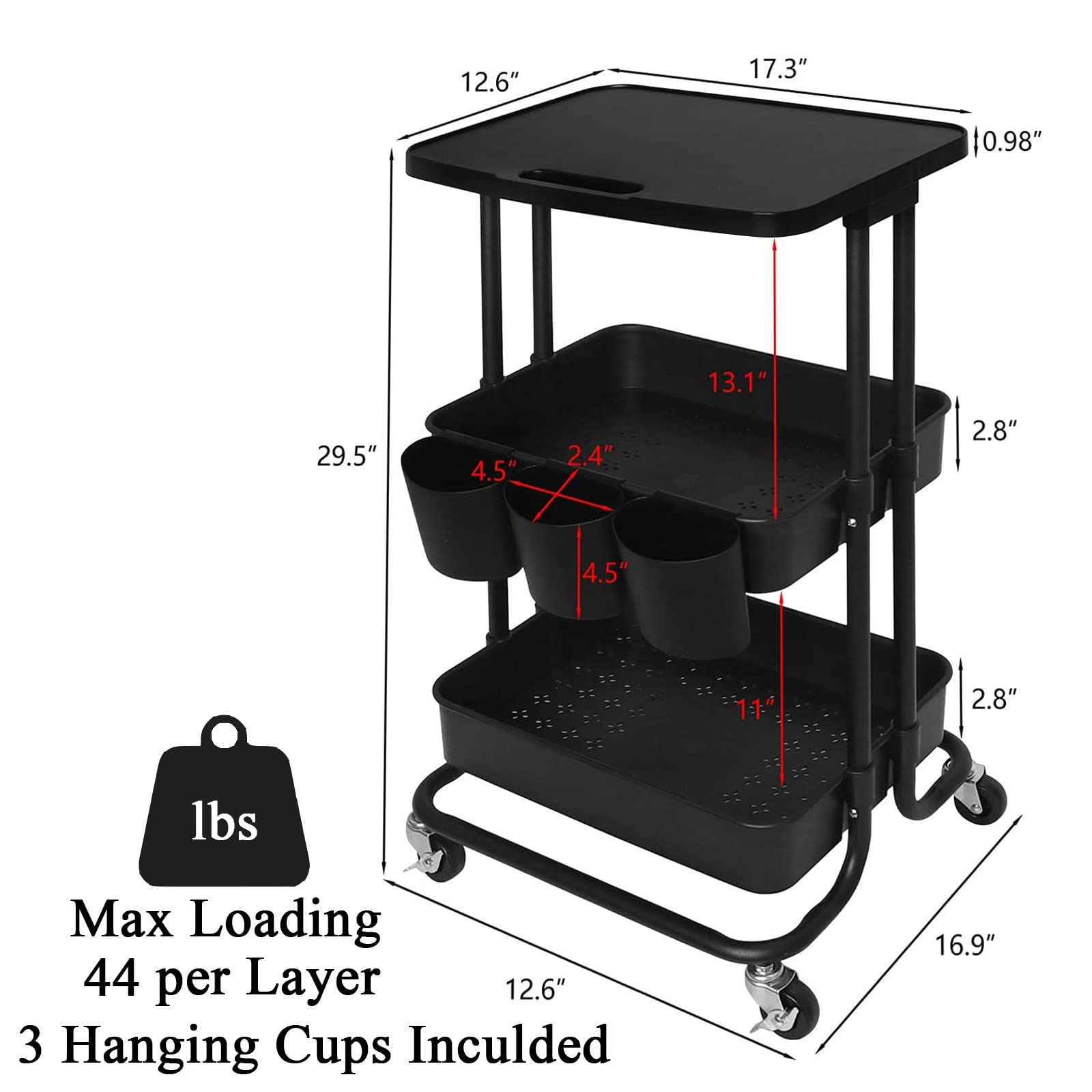 3 Tier Rolling Cart Table Top, Rolling Metal Organization Cart with 3 Cups & 3 Hooks, Multifunctional Storage Shelves with Wheels for Kitchen Living Room Office,Black