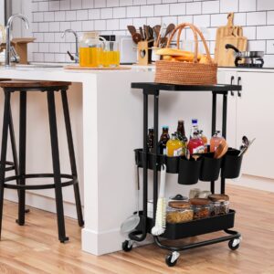 3 Tier Rolling Cart Table Top, Rolling Metal Organization Cart with 3 Cups & 3 Hooks, Multifunctional Storage Shelves with Wheels for Kitchen Living Room Office,Black