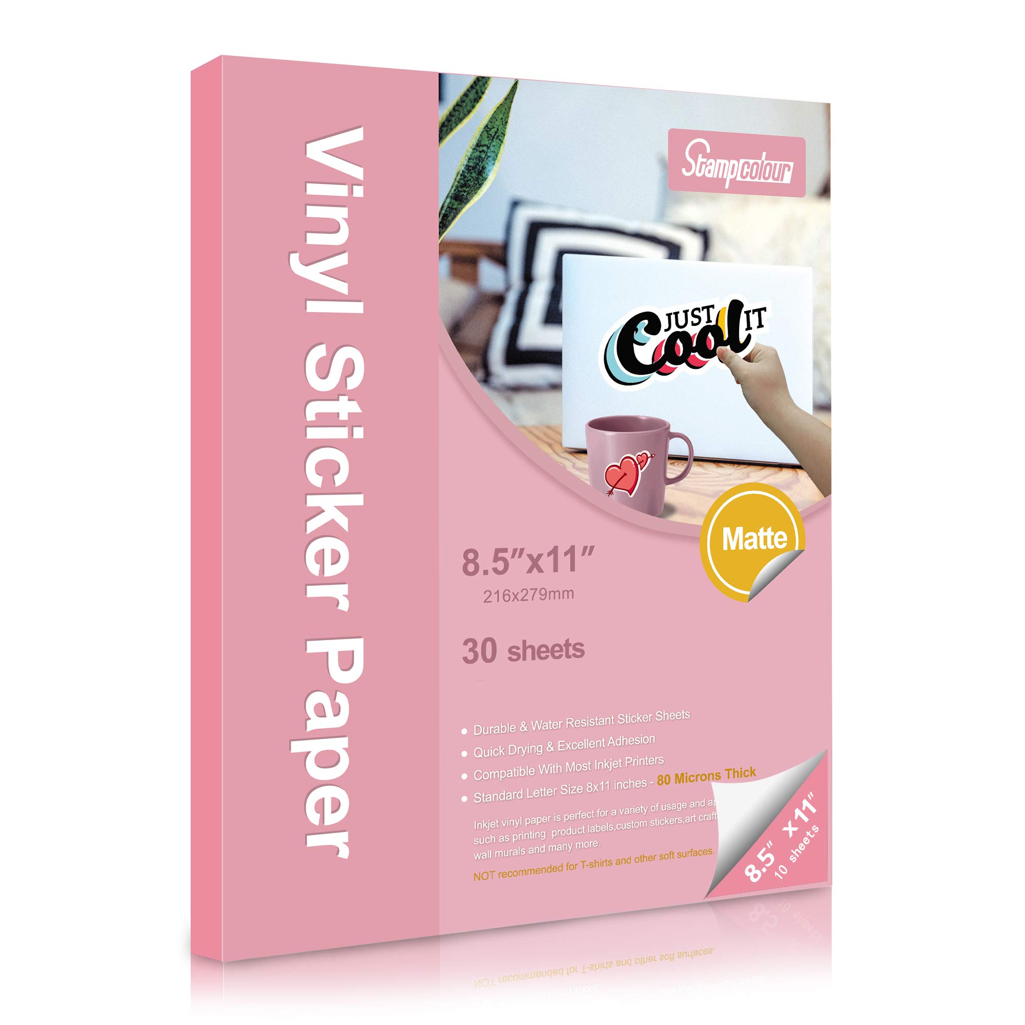 Premium Printable Vinyl Sticker Paper 8.5"x11" for Inkjet Printer - 30 Sheets Matte White Waterproof,Self-Adhesive, Dries Quickly Vivid Colors, Holds Ink Well- Tear Resistant - Inkjet & Laser Printer