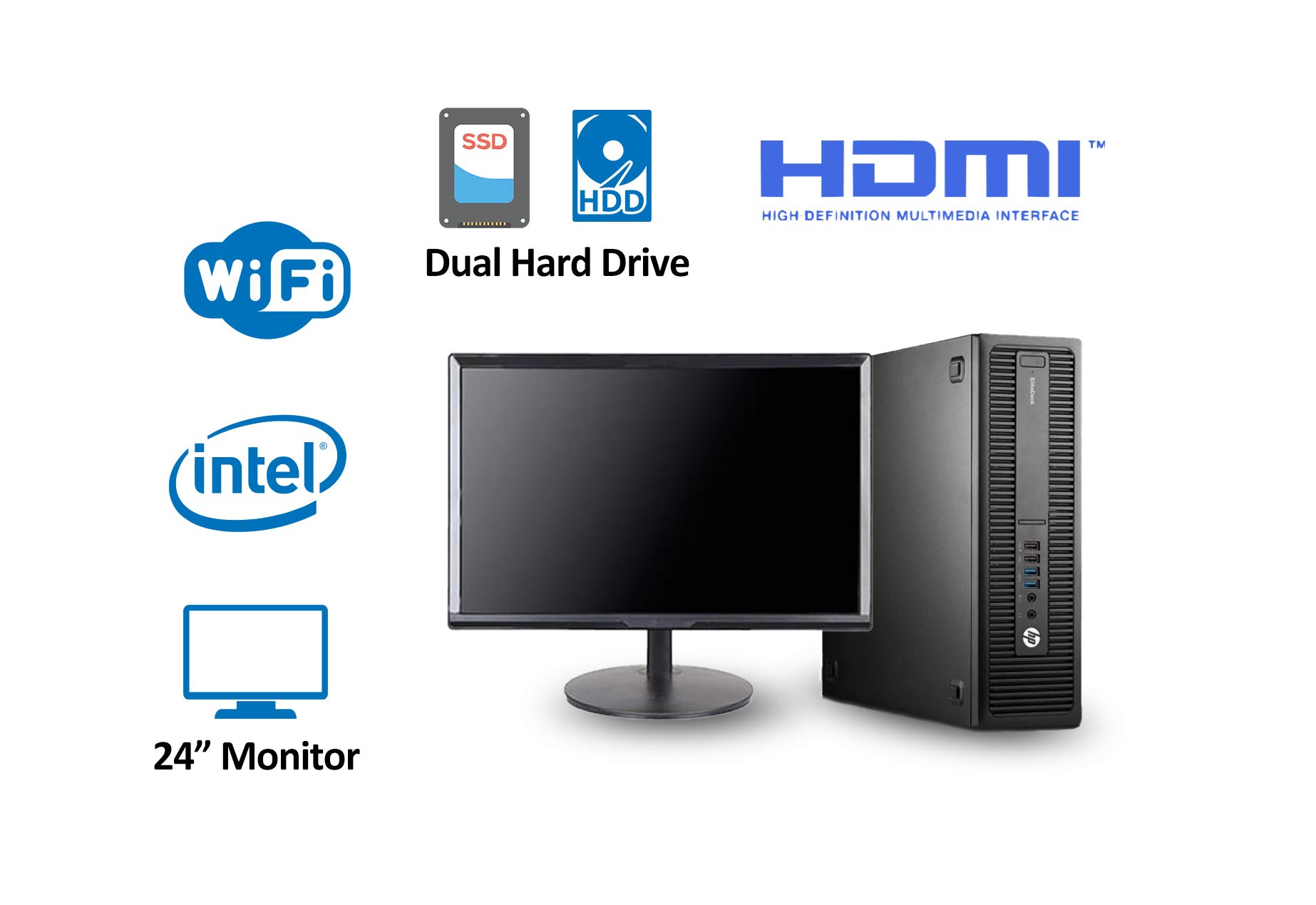 HP EliteDesk 800 G2 SFF Desktop Computer 24 Inch FHD Monitor Dual Hard Drive PC(Intel i5-6500 Up to 3.6GHz, 8GB RAM, 128GB SSD + 1TB HDD, WiFi, HDMI, Windows 10 Professional) (Renewed)