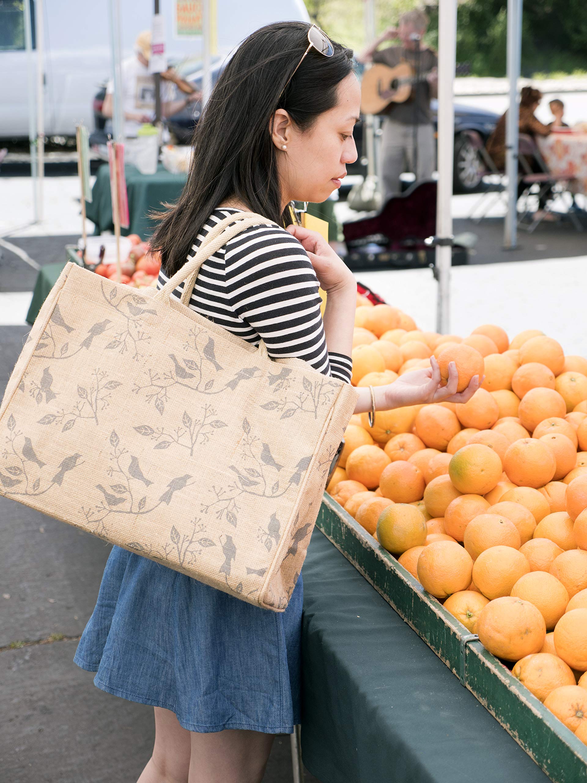 KAF Home Jute Market Tote Bag, Belle Jardiniere Print, Durable Handle, Reinforced Bottom and Interior Zipper Pocket