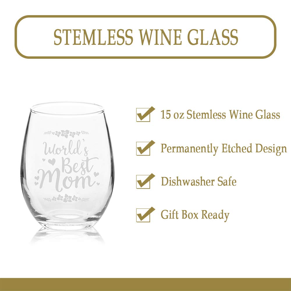 Veracco World's Best Mom Funny Birthday Gifts For Her Grandma Stepmom From Daughter Son Wine Lover Party Favor Laser Engraved Stemless Glass (Clear, Glass)