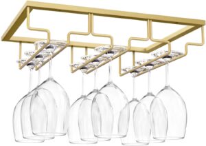 matilodi wine glass rack - under cabinet stemware wine glass holder - wine glasses storage hanger metal organizer for cabinet kitchen bar (gold, 3 rows 1 pack)