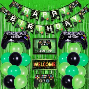garma video game party supplies, gamer birthday decorations for boys including green black balloons garland arch kit banner hanging sign green foil fringe curtains gamepad balloons