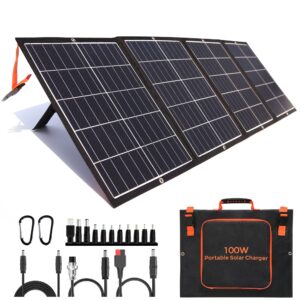 100w portable solar panel kit with stand foldable solar panel charger for power station, 8mm power station, portable generator, phones, laptop, with qc 3.0 usb dc ports