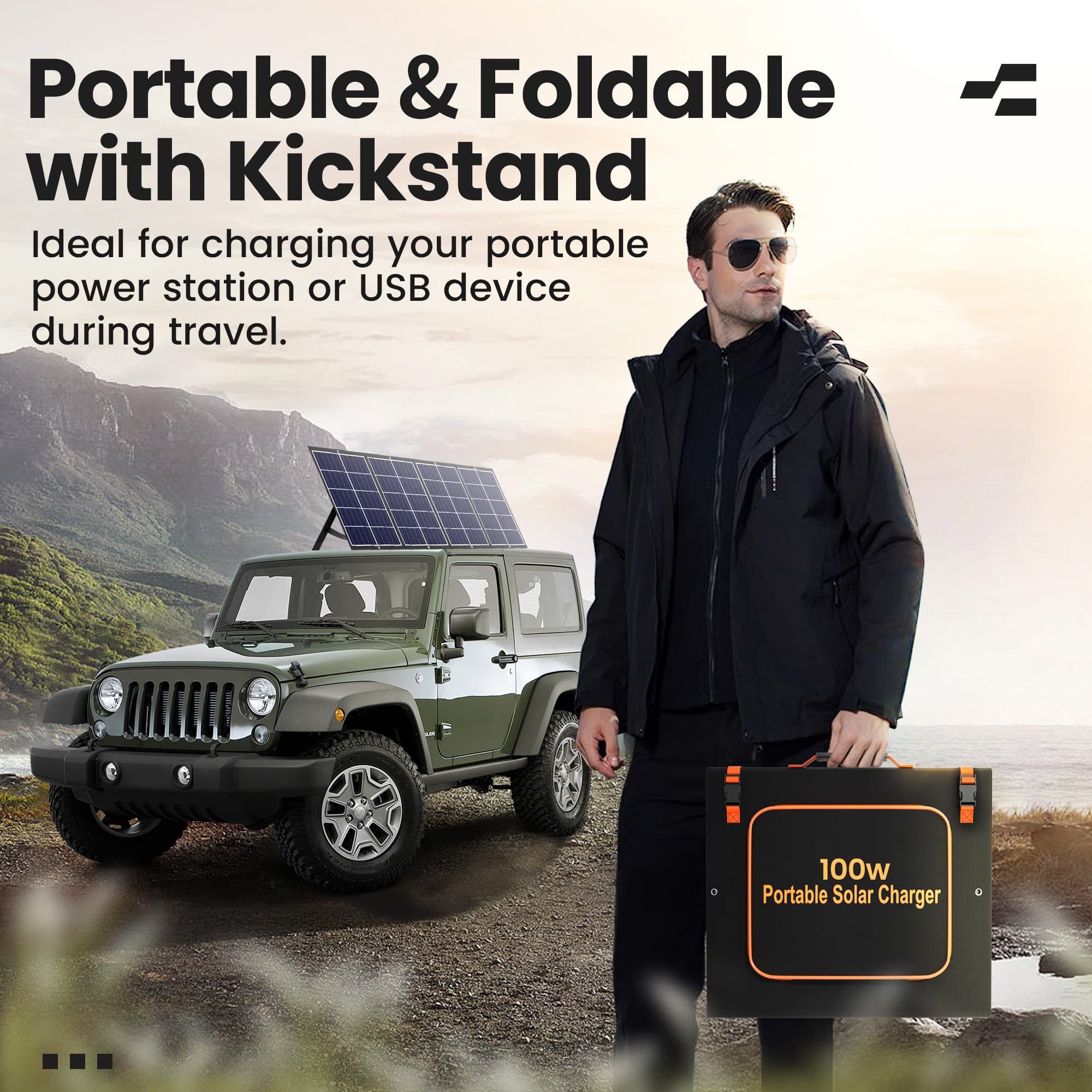 100W Portable Solar Panel Kit with Stand Foldable Solar Panel Charger for Power Station, 8mm Power Station, Portable Generator, Phones, Laptop, with QC 3.0 USB DC Ports