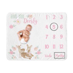 sweet jojo designs woodland deer girl milestone blanket monthly newborn first year growth mat baby shower memory keepsake gift picture - blush pink mint green boho watercolor forest love you deerly