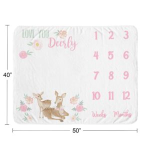 Sweet Jojo Designs Woodland Deer Girl Milestone Blanket Monthly Newborn First Year Growth Mat Baby Shower Memory Keepsake Gift Picture - Blush Pink Mint Green Boho Watercolor Forest Love You Deerly