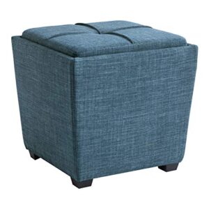 osp home furnishings ave six rockford square storage ottoman with padded upholstery and hidden serving tray, blue fabric