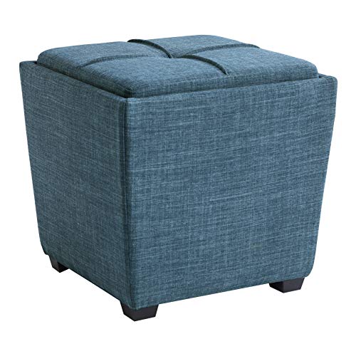 OSP Home Furnishings Ave Six Rockford Square Storage Ottoman with Padded Upholstery and Hidden Serving Tray, Blue Fabric