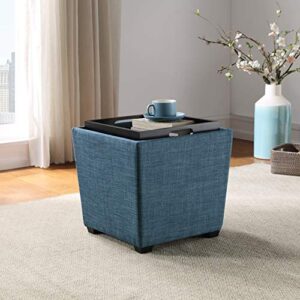 OSP Home Furnishings Ave Six Rockford Square Storage Ottoman with Padded Upholstery and Hidden Serving Tray, Blue Fabric