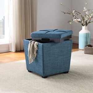 OSP Home Furnishings Ave Six Rockford Square Storage Ottoman with Padded Upholstery and Hidden Serving Tray, Blue Fabric