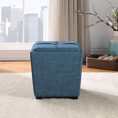 OSP Home Furnishings Ave Six Rockford Square Storage Ottoman with Padded Upholstery and Hidden Serving Tray, Blue Fabric