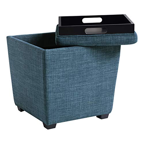 OSP Home Furnishings Ave Six Rockford Square Storage Ottoman with Padded Upholstery and Hidden Serving Tray, Blue Fabric