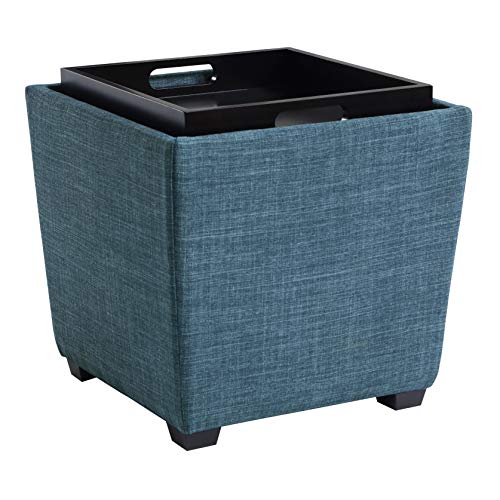 OSP Home Furnishings Ave Six Rockford Square Storage Ottoman with Padded Upholstery and Hidden Serving Tray, Blue Fabric