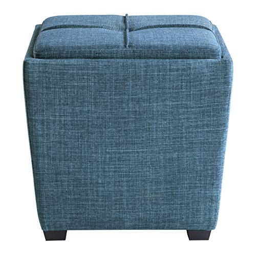 OSP Home Furnishings Ave Six Rockford Square Storage Ottoman with Padded Upholstery and Hidden Serving Tray, Blue Fabric