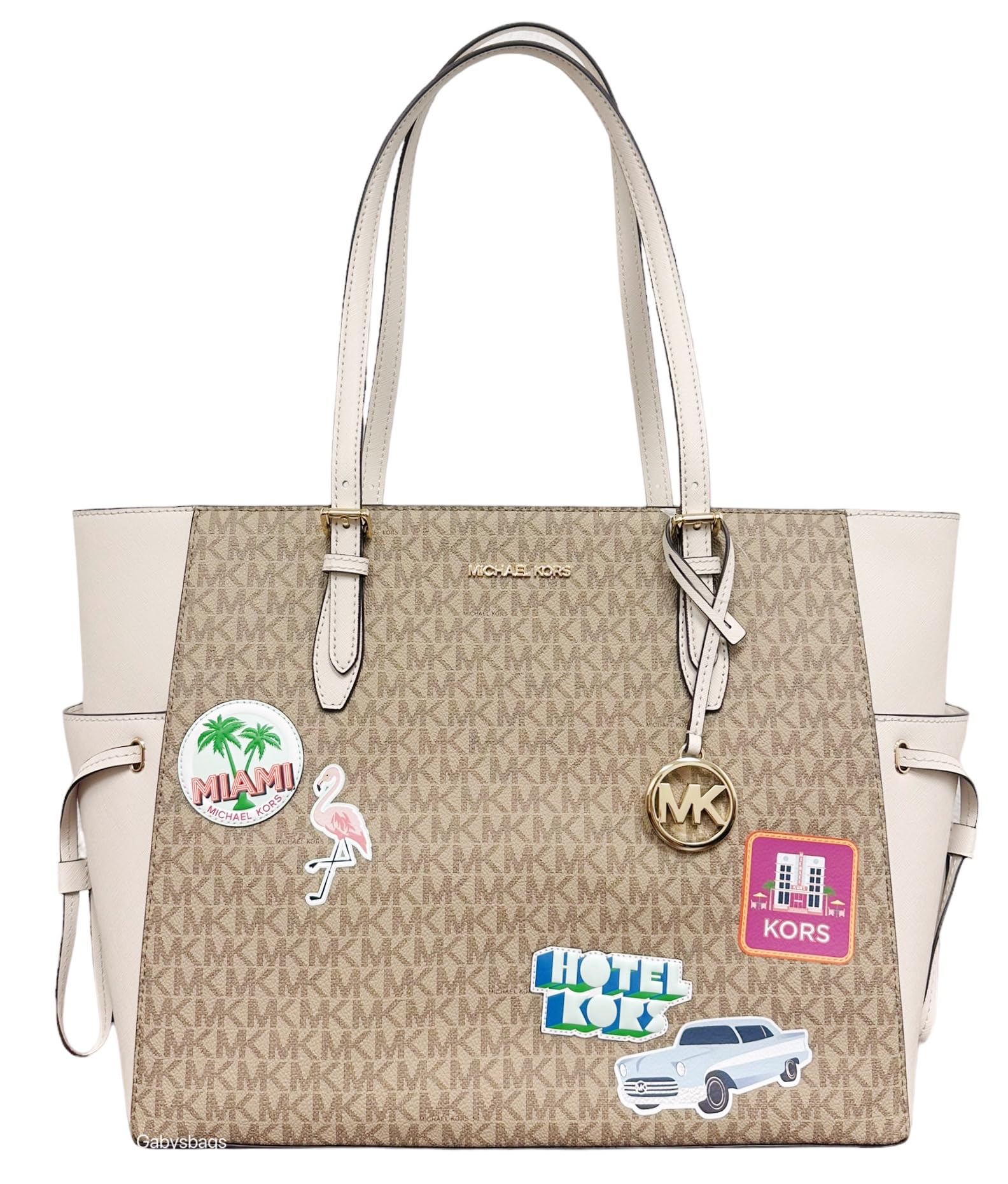 Michael Kors Gilly Large Jet Set Drawstring Top Zip Tote (Light Cream Multi MK)