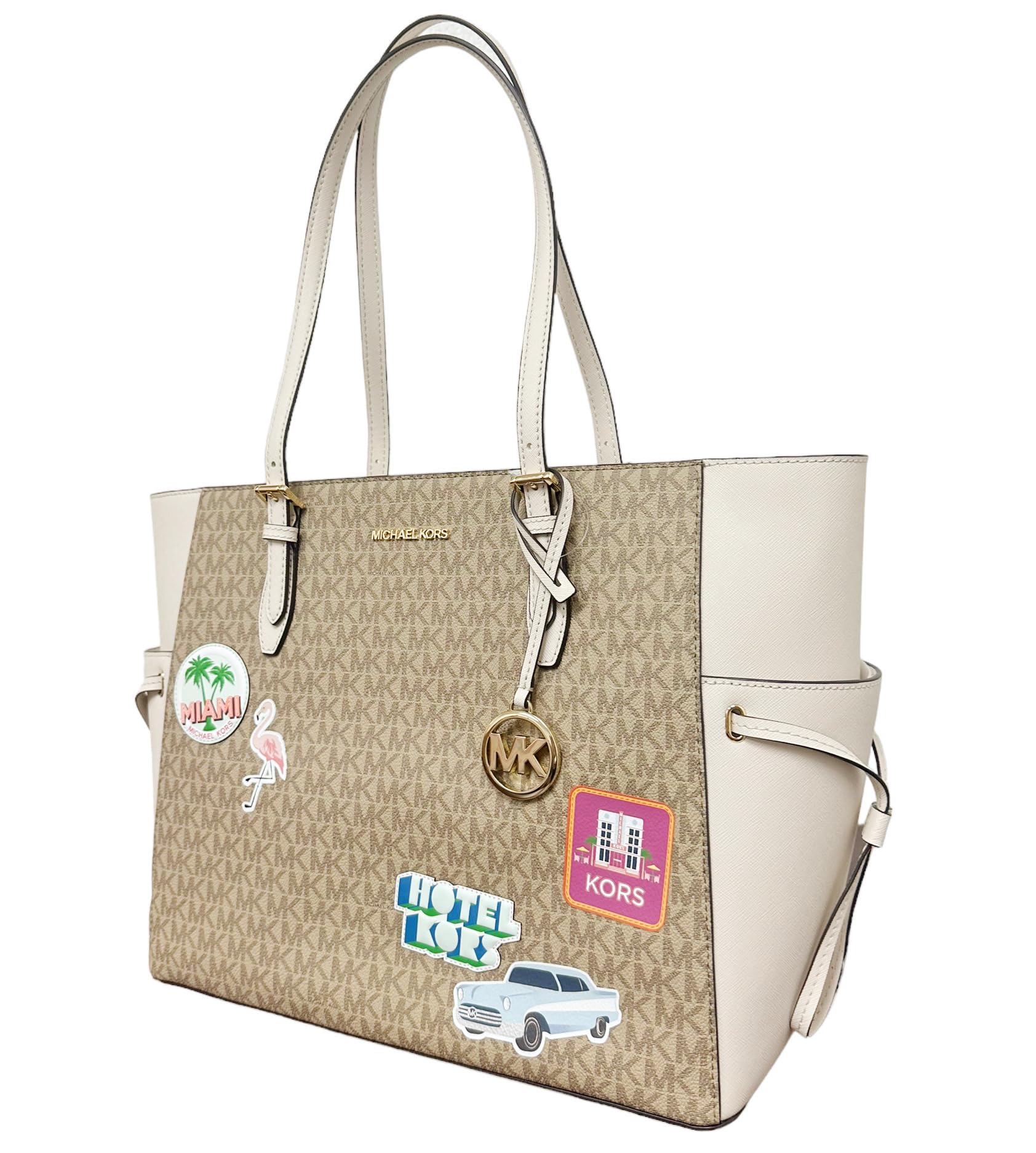 Michael Kors Gilly Large Jet Set Drawstring Top Zip Tote (Light Cream Multi MK)