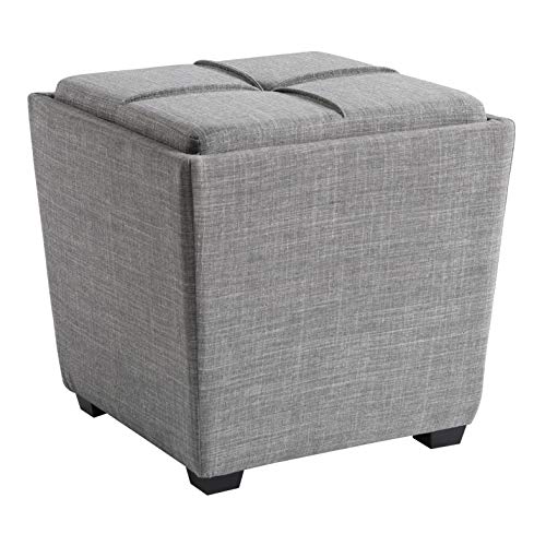 OSP Home Furnishings Ave Six Rockford Square Storage Ottoman with Padded Upholstery and Hidden Serving Tray, Dove Grey Fabric