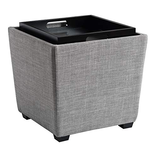 OSP Home Furnishings Ave Six Rockford Square Storage Ottoman with Padded Upholstery and Hidden Serving Tray, Dove Grey Fabric