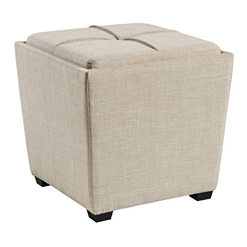 OSP Home Furnishings Ave Six Rockford Square Storage Ottoman with Padded Upholstery and Hidden Serving Tray, Cream Fabric