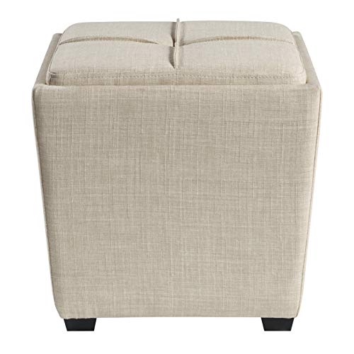 OSP Home Furnishings Ave Six Rockford Square Storage Ottoman with Padded Upholstery and Hidden Serving Tray, Cream Fabric