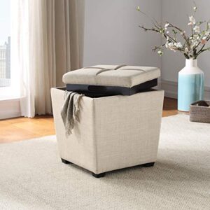 OSP Home Furnishings Ave Six Rockford Square Storage Ottoman with Padded Upholstery and Hidden Serving Tray, Cream Fabric