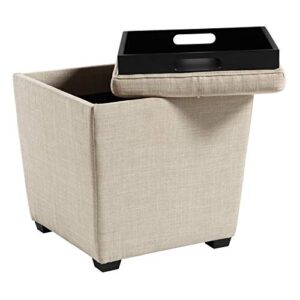 OSP Home Furnishings Ave Six Rockford Square Storage Ottoman with Padded Upholstery and Hidden Serving Tray, Cream Fabric