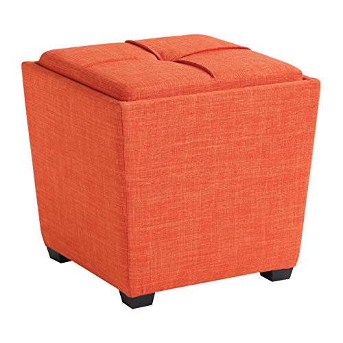 OSP Home Furnishings Ave Six Rockford Square Storage Ottoman with Padded Upholstery and Hidden Serving Tray, Tangerine Fabric