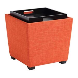OSP Home Furnishings Ave Six Rockford Square Storage Ottoman with Padded Upholstery and Hidden Serving Tray, Tangerine Fabric