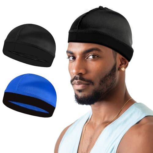 2Pcs Wave Cap Silky Stocking Wave Caps for Men, Good Compression Over Durag(Blue+Black)