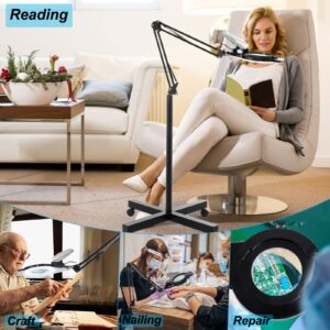 KIRKAS 10X Magniyfing Floor Lamp with 4 Wheel Rolling Base for Estheticians 2,200 Lumens LED Magnifier Lighted Glass Lens, Adjustable Stand & Swivel Arm Floor Lamp for Reading, Crafts, Tasks